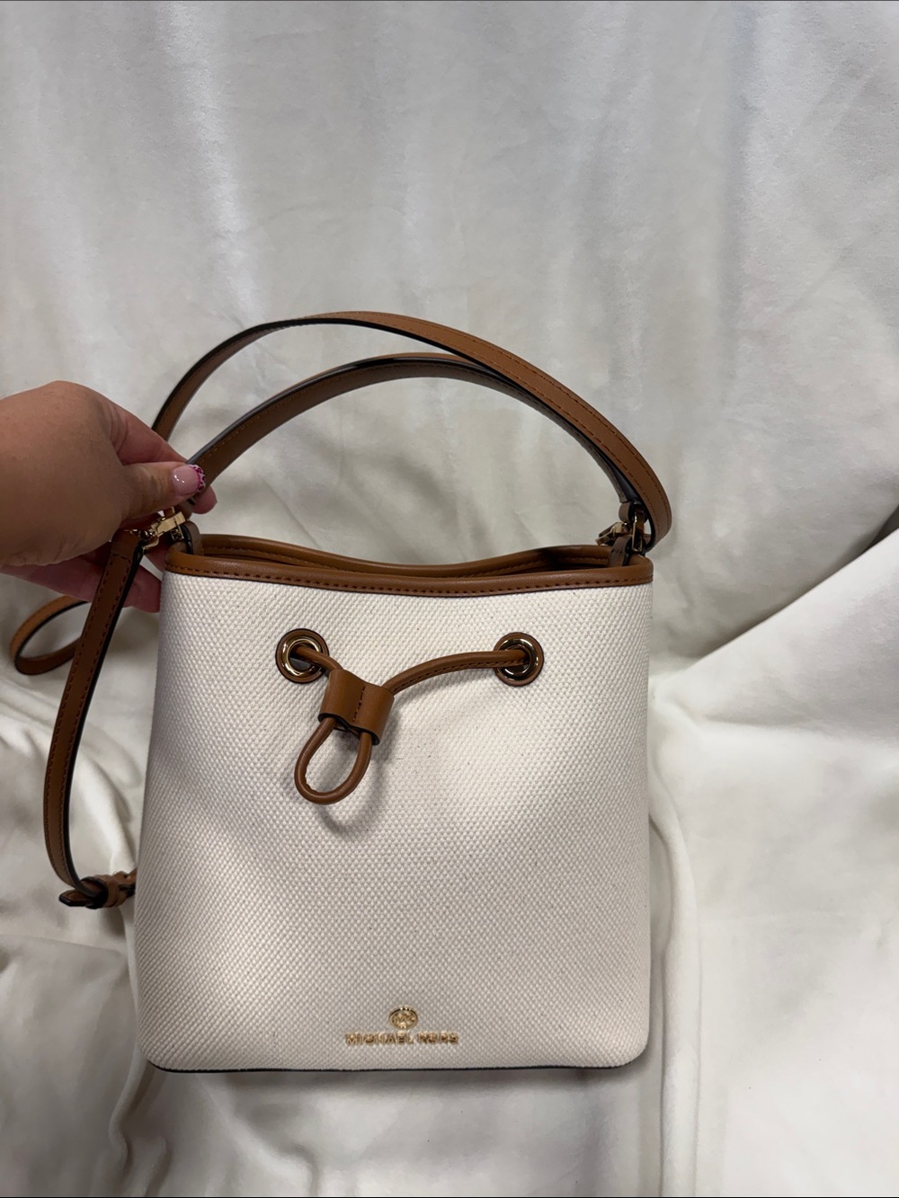 Michael Kors Cream & Brown Leather-Trim Drawstring Crossbody